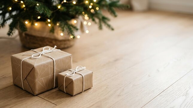 Christmas day gifts with brown paper boxes string and tree lights on