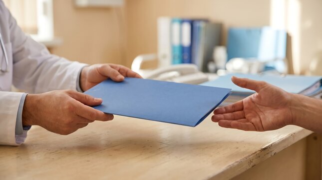 Professional medical doctor giving blue paper folder to a patient during healthcare appointment in clinic office consultation