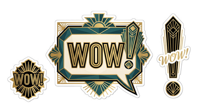 Art deco 'wow' expression sticker set gold and green design for elegance.