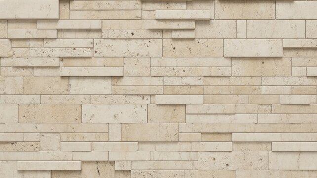Modern light beige travertine stone wall cladding texture with horizontal 3D interlocking stacked stone tiles background