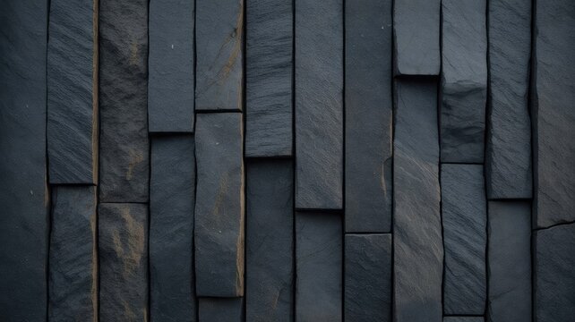 Modern dark grey slate stone wall cladding texture with vertical interlocking 3D natural stone tiles background
