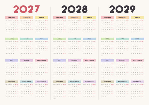 2027, 2028, 2029 calendar template set, 3 years at a glance on one page, week starts on Monday, vector design