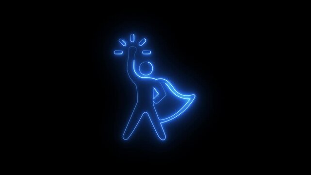 Blue Neon Superhero Silhouette with Cape and Sparkle on Black Background 4k motion video.