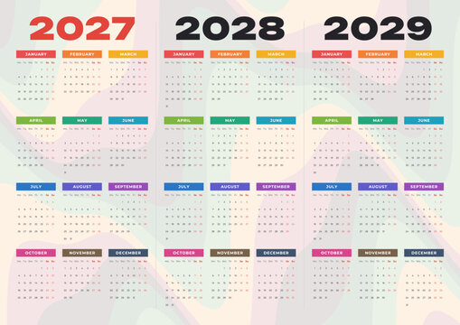 2027, 2028, 2029 calendar template set, 3 years at a glance on one page, week starts on Monday with groovy 70s wavy stripes background background, vector design