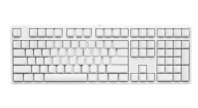 Minimal white computer keyboard with blank keycaps isolated on a solid black background