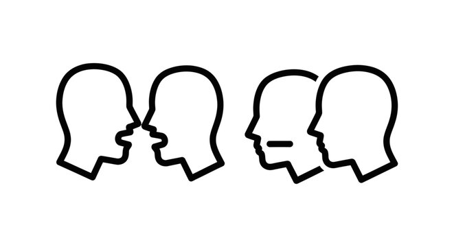 Human profile silhouette icons demonstrating assertive verbal communication and quiet listening behavior with speaking monochrome abstract dialogue interaction