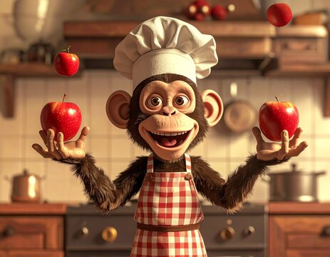 portrait of a monkey chef with a red apple