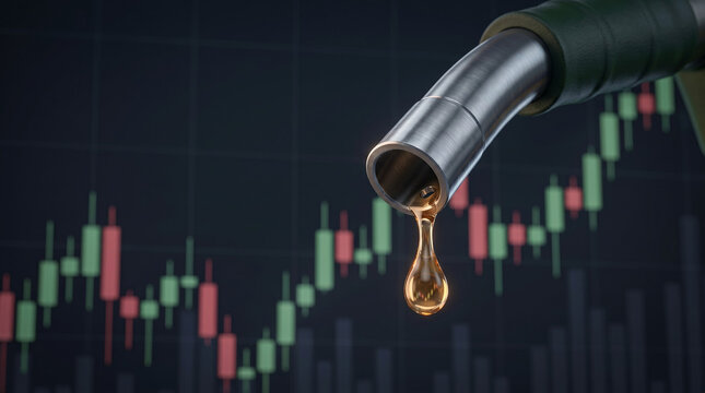 3D concept of global energy market showing metal fuel pump nozzle and golden oil drop against financial candlestick chart representing fluctuating fuel prices and inflation