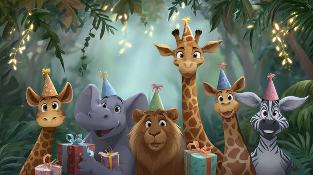 Funny cartoon animals celebrating a birthday in a jungle with party hats and gifts. A festive atmosphere for a child birthday fun, balloons, gifts, laughter, sweets. An all inclusive party service.