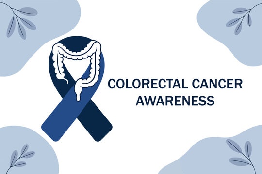 Colorectal Cancer Awareness Banner with Dark Blue Ribbon and Large Intestine Icon. Medical Graphic Illustrating Colorectal Cancer Awareness and Digestive Health. 