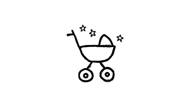 Baby Stroller For Infant Transport And Parenting Hand-Drawn Doodle Animation On Transparent Background. Pram And Newborn Care. Seamless Animated Icon. 4K Video Overlay Element.