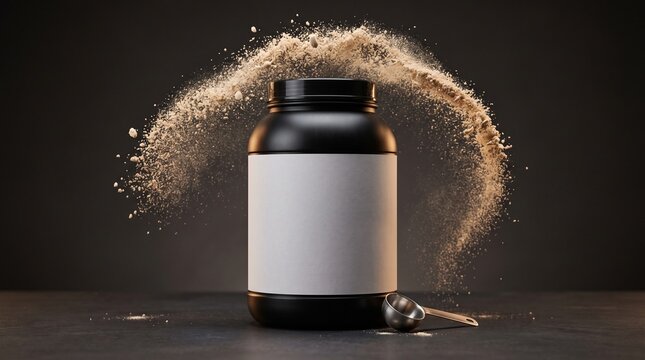 Black Supplement Bottle with Powder Splash, Protein Supplement Mockup, Sports Nutrition Packaging, Fitness Product Advertising Concept
