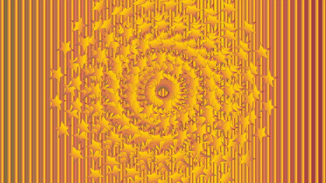 Warm orange and yellow spiral pattern of stars over vertical striped background, vibrant