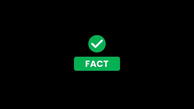 Animated green fact badge with white check mark symbol and bounce motion for fact checking, verification and trustworthy information, transparent background