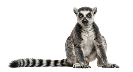 Naklejka premium Ring-tailed lemur sitting upright with a long striped tail against a solid black background