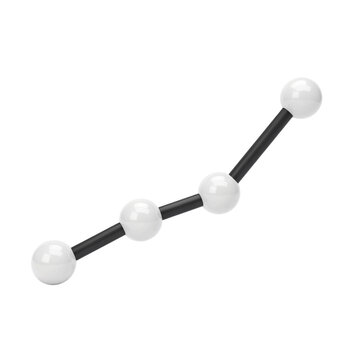 A 3D rendered rising trend line chart composed of dark vertical connecting rods and glossy white spheres isolated on a clean white background for business growth and data analytics concepts