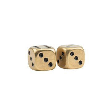 Two polished golden metallic dice featuring dark recessed pips, arranged side by side against a clean solid white background for gaming and casino concepts