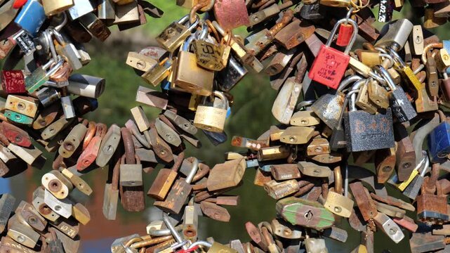 Many padlocks of love locked on a metal fence railing, rusted brass and colorful locks, dense cluster, panning shot, symbol of commitment, romance and eternal love, blurred green foliage background