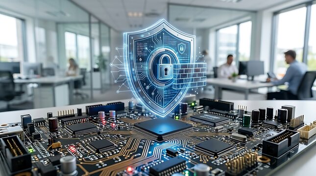 Digital security shield hovering over computer circuit board in office
