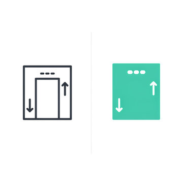A pair of minimalist vector icons featuring elevator lift doors with up and down directional arrows in outline and solid green styles, isolated on a clean white background