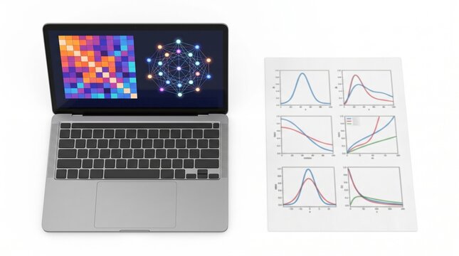 Laptop displaying quantum data dashboard next to data analysis paper on white desk, featuring mathematical graphs and quantum computing hardware metrics for advanced research.