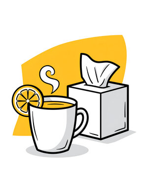 Spot illustration of a mug of lemon tea beside a tissue box