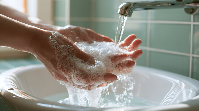 Hands working up a thick lather over a white washbasin