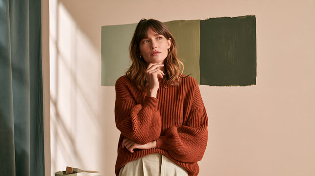 Interior designer comparing three paint test patches on a wall