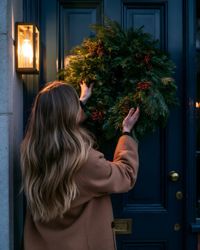 Woman hanging a fir wreath on a blue front door at dusk