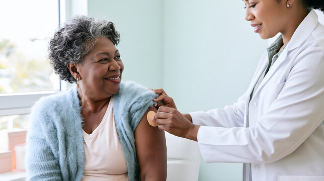 Pharmacist pressing a plaster on a woman after her flu jab