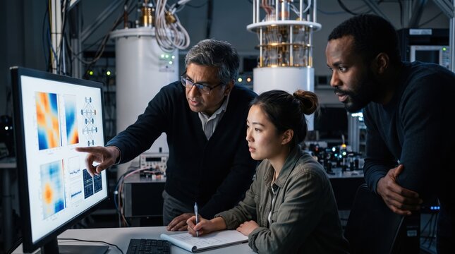 Quantum physicists analyzing computer graphs in cryogenic hardware laboratory while examining data charts on monitor screen together during advanced computing research work.