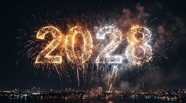 Fireworks forming the number 2028 in the night sky over the city