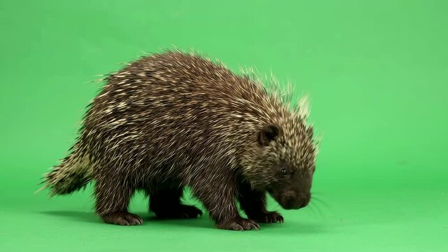 Porcupine standing and walking against solid green chroma key background