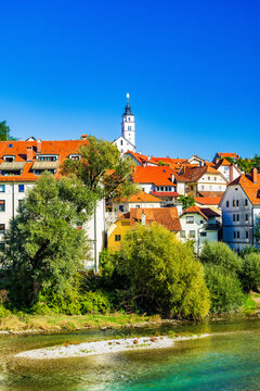 Kranj Old Town and Sava River Panorama, Slovenia &ndash; Historic Riverside Architecture and Red Rooftops