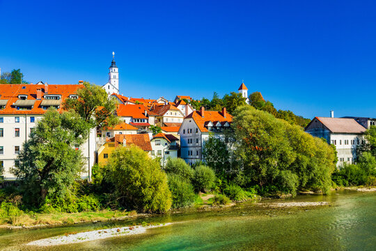 Kranj Old Town and Sava River Panorama, Slovenia &ndash; Historic Riverside Architecture and Red Rooftops