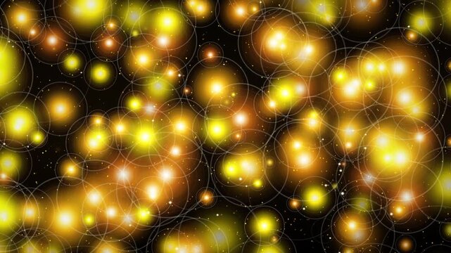 Royal gold glowing light orbs and rings rising on black background, 4K 60fps 60 seconds seamless loop abstract animation