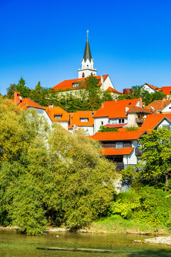 Kranj Old Town and Sava River Panorama, Slovenia &ndash; Historic Riverside Architecture and Red Rooftops