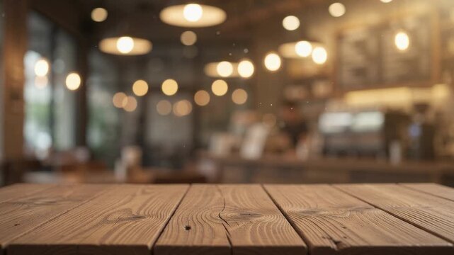 Wooden table surface with blurred cafe interior background offering empty space for product displays.