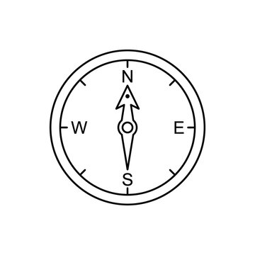 Magnetic compass icon in black line art style for navigation and travel map exploration graphic design tools for wayfinding concepts and orienteering adventure.