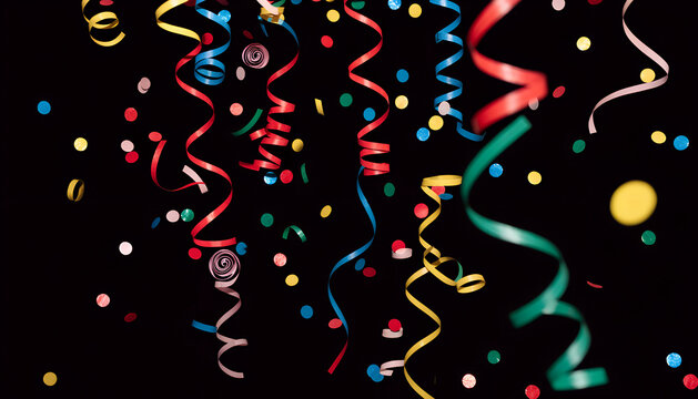 Colorful serpentine streamers and confetti overlay on black background