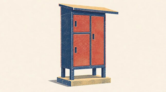Neighborhood parcel locker featuring three unequal compartments and sloping rain canopy. Urban logistics illustration concept