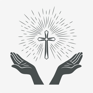 Black and White Open Hands Silhouette with Cross and Rays, Vector Illustration. Symbol of Faith and Prayer. Design Template for Church Logo. Prayer, Religion Concept. Monochrome Cut Out Icon
