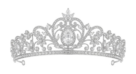 Ornate silver tiara with sparkling gemstones isolated against a solid black background © Ophelia