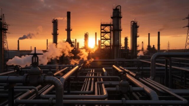 Industrial maze of steel pipelines, heavy valves and refinery towers silhouetted against a fiery orange sunset in cinematic detail