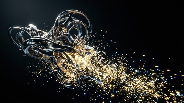 Abstract gold and silver fluid explosion on black background.