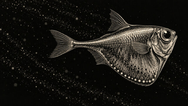 Deep Sea Hatchetfish in Fine Scratchboard Lines