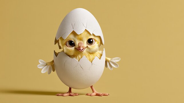 Happy anthropomorphic spring chick hatching from egg with bokeh lights