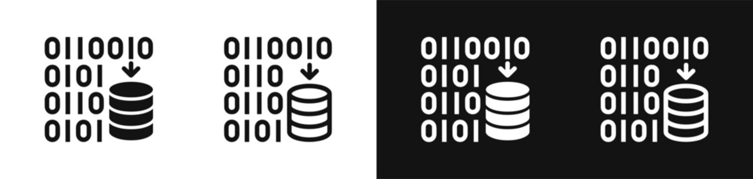 Database binary code data transfer icon set isolated on black and white background