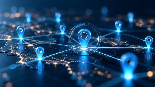 Glowing blue location pins connected by light trails on dark world map representing global network communication GPS tracking and international logistics