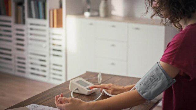 Concept of chronic disease management - a young woman with a blood pressure cuff on her arm sits next to a wooden table with health papers in a bright room with white shelves and furniture during day